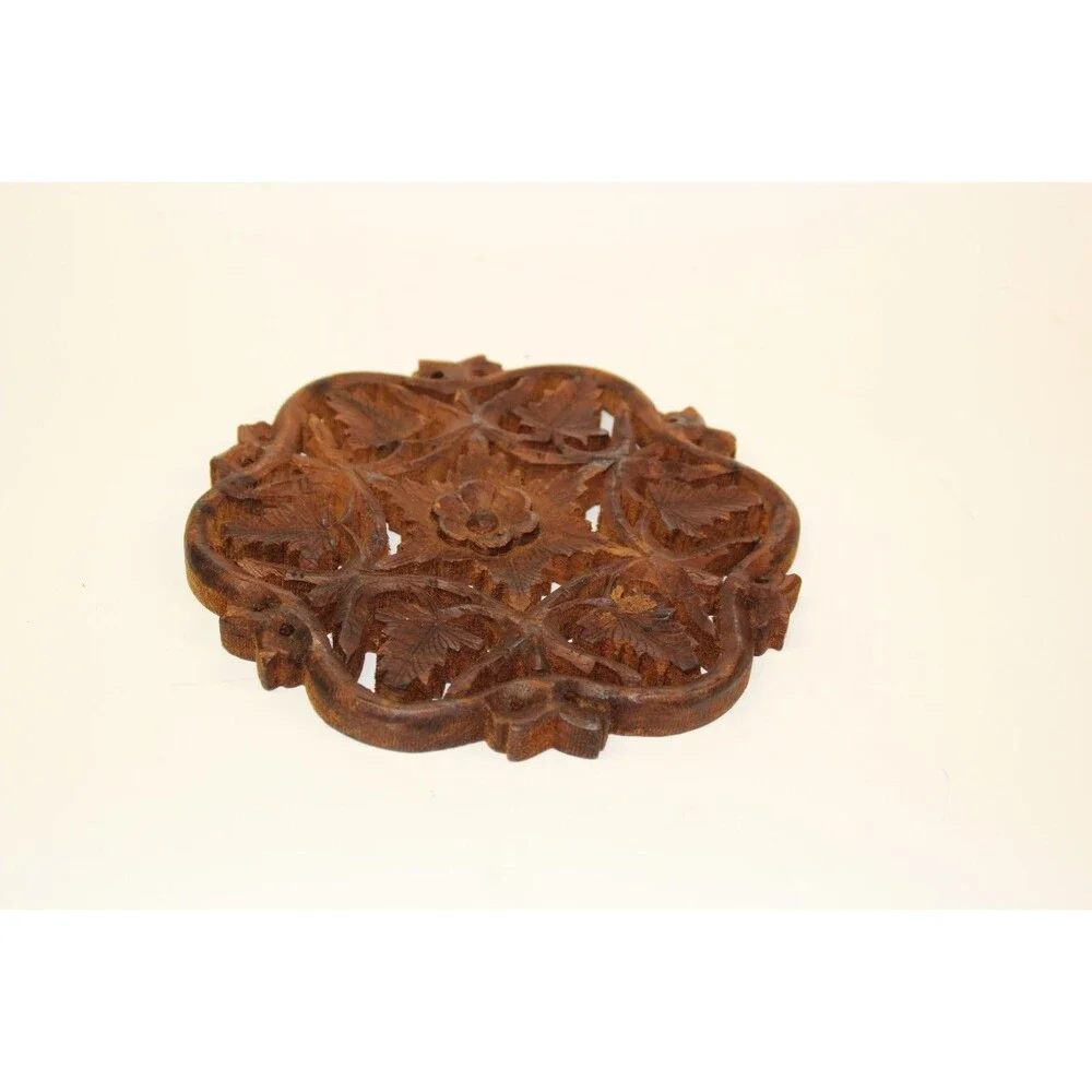 Vintage Boho India Hand Carved Wooden Trivet Decor Leaves Flower Mid-Century